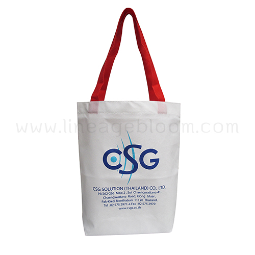 กระเป๋าผ้าสปันบอน 100 แกรมสีขาว สายผ้าในตัวสีแดง CSG กระเป๋าผ้าสปันบอน 100 แกรมสีขาว สายผ้าในตัวสีแดง CSG